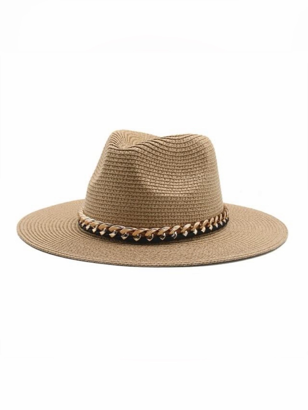 Woven Straw Fedora Hat with Gold Chain Trim - Tan
